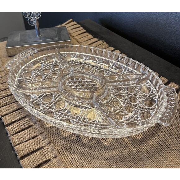 Vintage Lead Crystal Divided Serving Platter Tray Center Dipping Bowl 14 Inch - Picture 1 of 4